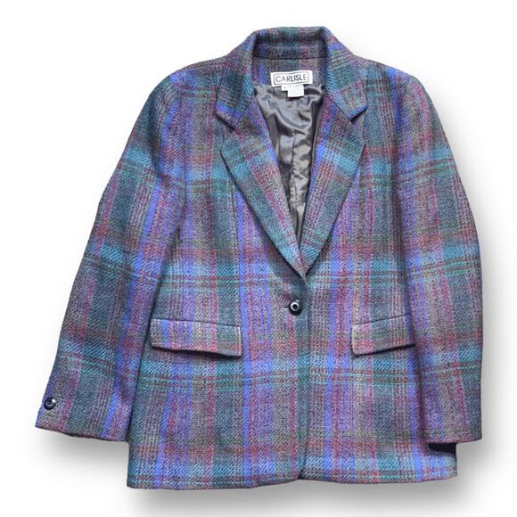 Vintage 90s Carlisle Wool Blend Rainbow Plaid Blazer Jacket Oversized Size 14 - Picture 1 of 11